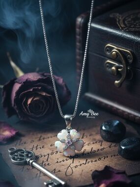 White Gold Plated Mysterious Flower Fire Opal Pendant Necklace. New.